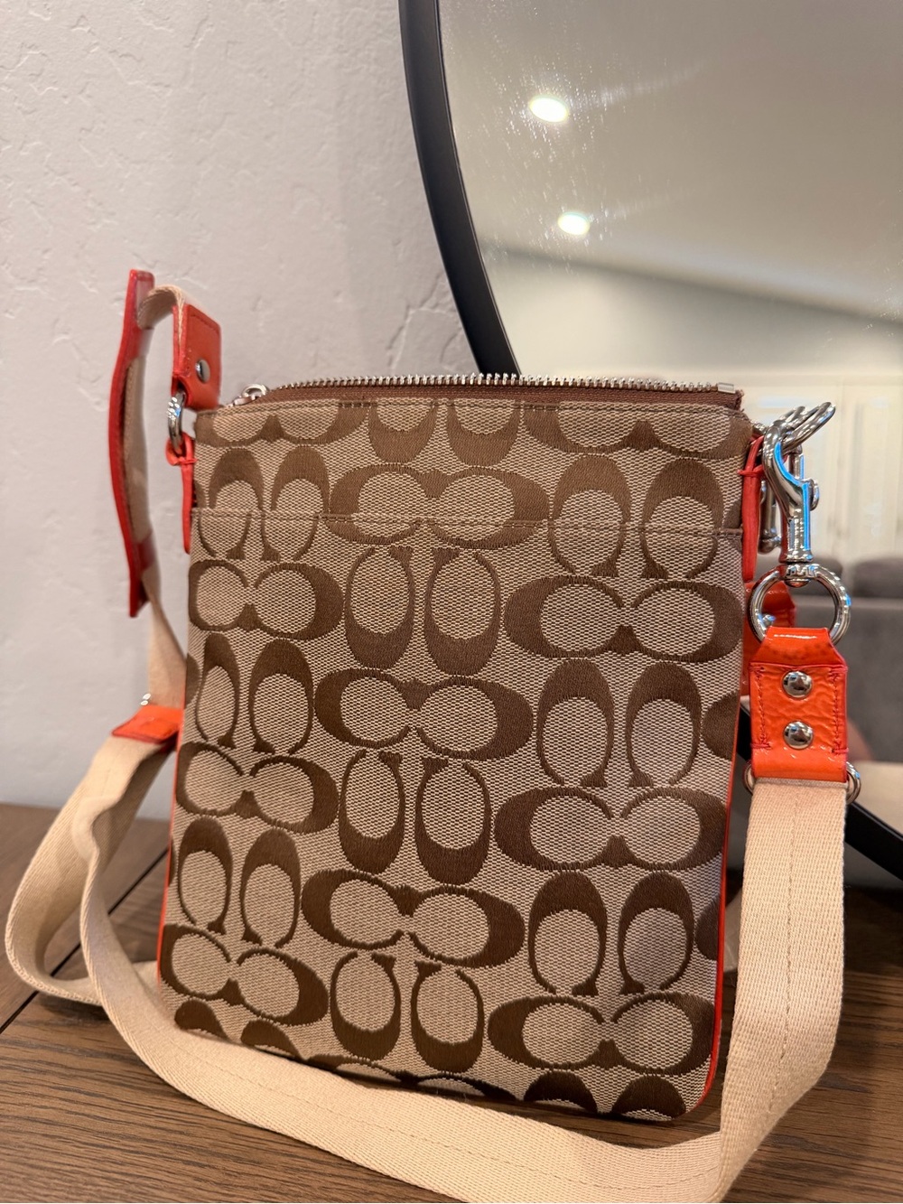 Coach Signature Crossbody with Brown Canvas and Orange Trim - Picture 7 of 9